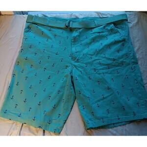 Galaxy By Harvic Mens 46 Shorts Turquoise Anchor Print Teal Belt Nautical Bold